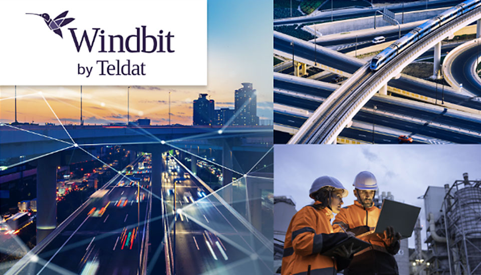 Bildcollage „Windbit by Teldat“ mit Logo und drei Anwendungsbereichen: vernetzte Stadtinfrastruktur, Verkehrsinfrastruktur und Industrieanlagen.