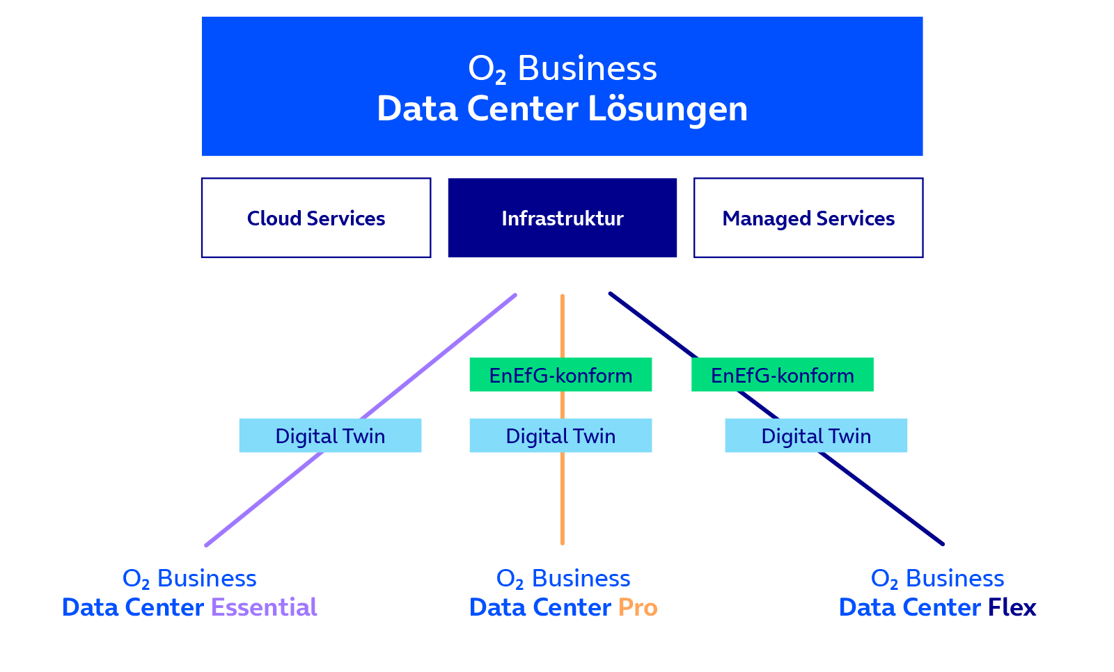 Übersicht o2 Business Data Center Lösungen: Drei Produktvarianten – Data Center Essential, Pro und Flex – mit Cloud Services, Infrastruktur und Managed Services sowie Digital Twin und EnEfG-Konformität