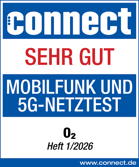 Testsiegel der Zeitschrift connect mit der Bewertung Sehr gut für den Mobilfunk und 5G-Netztest, ausgezeichnet für O₂ im Heft 1/2026. Unten steht die Website www.connect.de