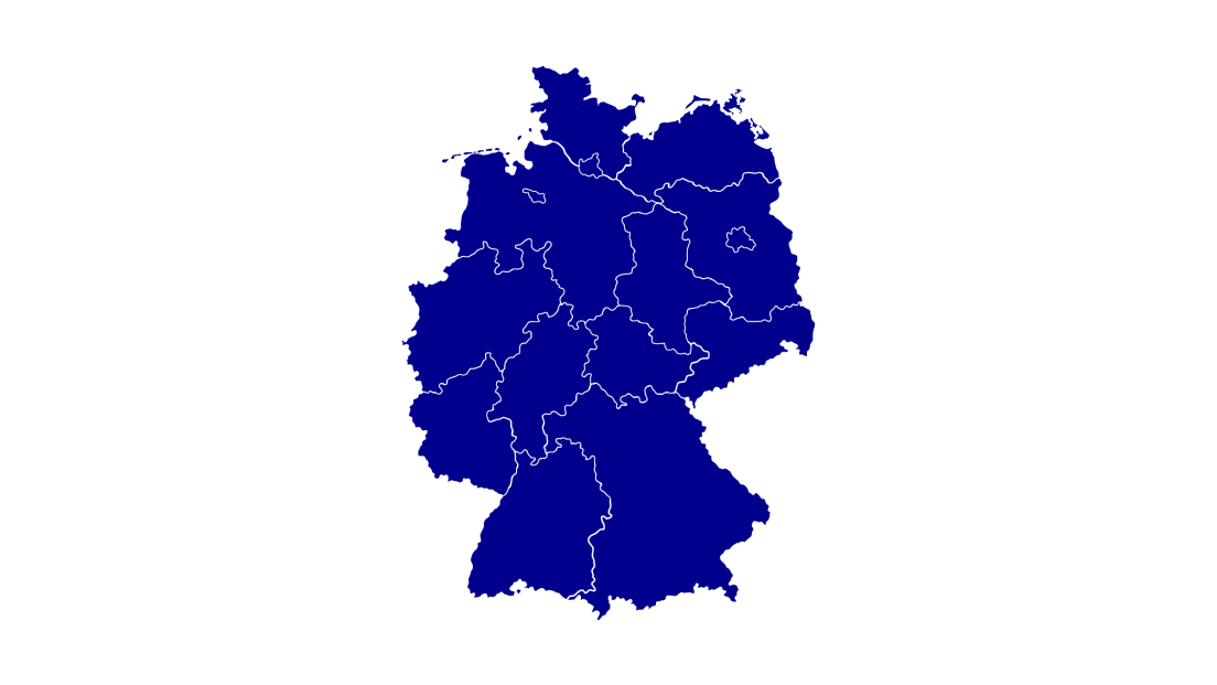 Blaue Deutschlandkarte mit eingezeichneten Bundesländer‑Grenzen auf hellem Hintergrund.
