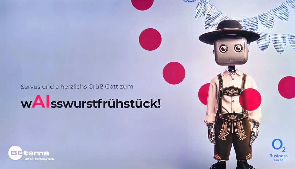 Titelslide des BE-terna Events „wAIßwurstfrühstück“ im o2 Tower München – Begrüßung zum KI-Frühstück von o2 Business und BE-terna mit bayerischem Roboter-Motiv.