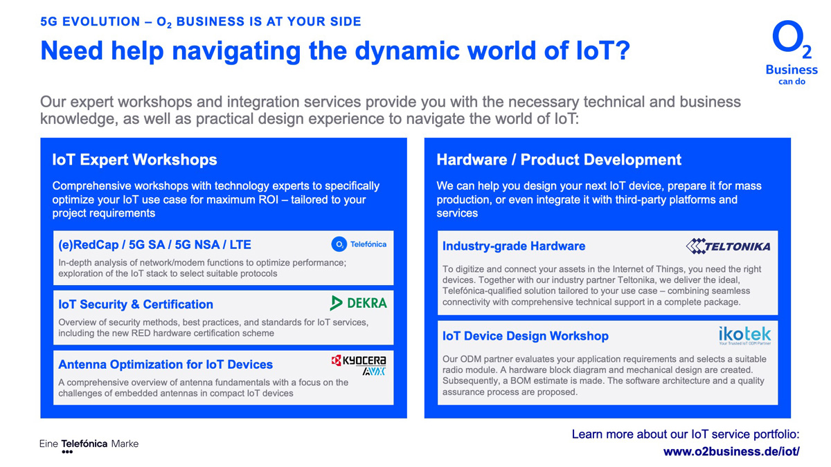 Vortragsfolie von o2 Business mit Überblick über IoT-Expertenworkshops und Hardware- und Produktentwicklung.