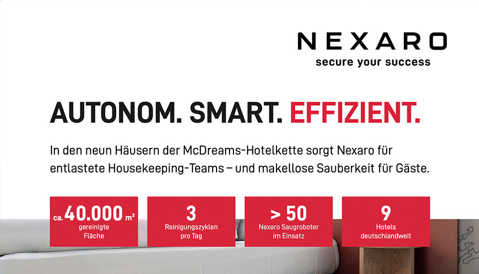 Nexaro Fallstudie mit McDreams Hotels: Über 50 autonome Saugroboter reinigen täglich rund 40.000 m² in neun Hotels deutschlandweit.
