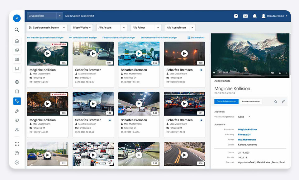 Dashboard in MyGeotab mit einer Übersicht ereignisbasierter Videoaufnahmen, darunter mögliche Kollisionen und scharfes Bremsen, sowie Detailansicht eines ausgewählten Vorfalls inklusive Standort- und Fahrzeuginformationen