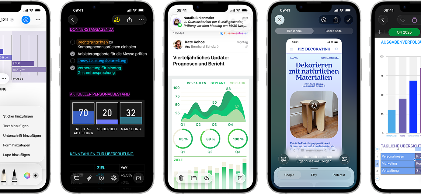 Mehrere iPhone 17e Ger&auml;te im Hochformat nebeneinander, die die Performance mit verschiedenen Diagrammen, Tabellen und Produktivit&auml;tsapps f&uuml;r Unternehmen wie Vorschau, Notizen, Mail, Visuelle Intelligenz und Numbers zeigen