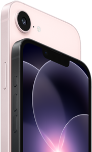 iPhone 17e, horizontale Seiten- und Rückansicht, Hellrosa, iPhone 17e, horizontale Seiten- und Vorderansicht, Schwarz