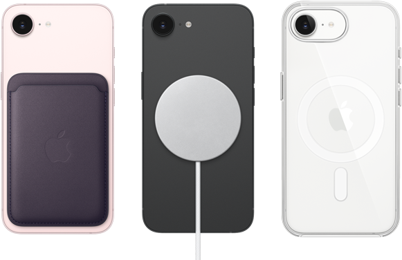 iPhone 17e, Rückseite, Farbe Hellrosa, Feingewebe Wallet mit MagSafe angebracht, iPhone 17e, Rückseite, Farbe Schwarz, MagSafe Ladegerät angebracht, iPhone 17e, Rückseite, Farbe Weiß, Clear Case mit MagSafe angebracht