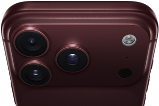 iPhone 18 Pro Max, Farbe Burgunder (Dunkelrot), Rückseite, Pro Fusion Kamera-System oben, 3 Objektive, Lamellen der variablen Blende teilweise geschlossen, Blitz, Mikrofon und LiDAR Scanner, Oberseite, Mobilfunkantenne, flache Seiten, gerundete Ecken
