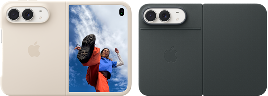 iPhone Duo, Farbe Sternenweiß in Silikon Case in Sand, Querformat, vollständig geöffnet, Dual Fusion Kameras oben links, das Case bedeckt die Rückseite und den äußeren Rand des Displays, die rechte Seite zeigt das Porträt einer Person auf dem äußeren Display. iPhone Duo, Farbe Sternenweiß, aufgestellt mit dem Folio mit Standfuß in Navyblau, vollständig geöffnet im Querformat, Rückseite mit den 48 MP Dual Fusion Rückkameras, zwei Objektive
