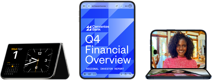 iPhone Duo in verschiedenen Positionen: umgedreht im offenen Querformat, in einem leichten Winkel geöffnet, äußeres Display, All‑Screen Design. Das Display zeigt eine Banking App in geöffneter, vertikaler Position. Querformat geöffnet, in rechtem Winkel geöffnet, inneres Display, All-Screen Design.