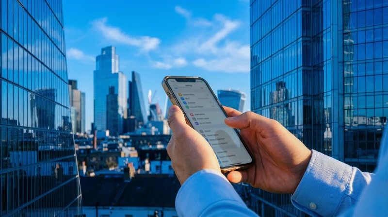Nahaufnahme eines Smartphones in den Händen eines Geschäftsmanns vor der Silhouette einer großen Stadt