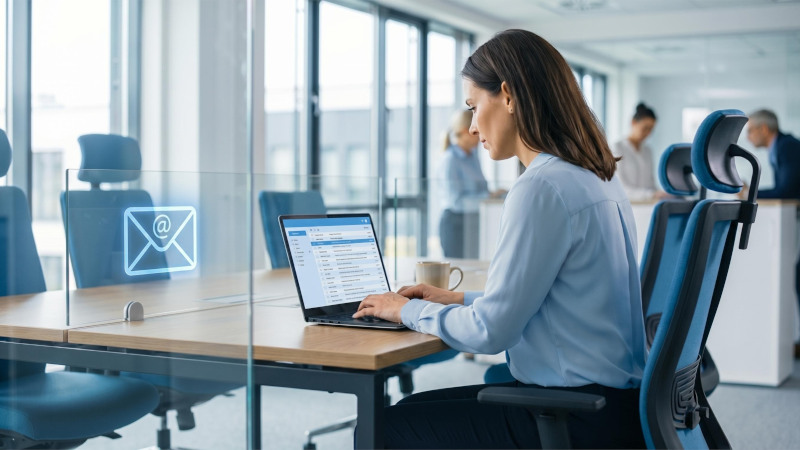 Eine Geschäftsfrau sitzt im Büro am Schreibtisch und nutzt eine E-Mail mit eigener Domain auf einem Laptop.