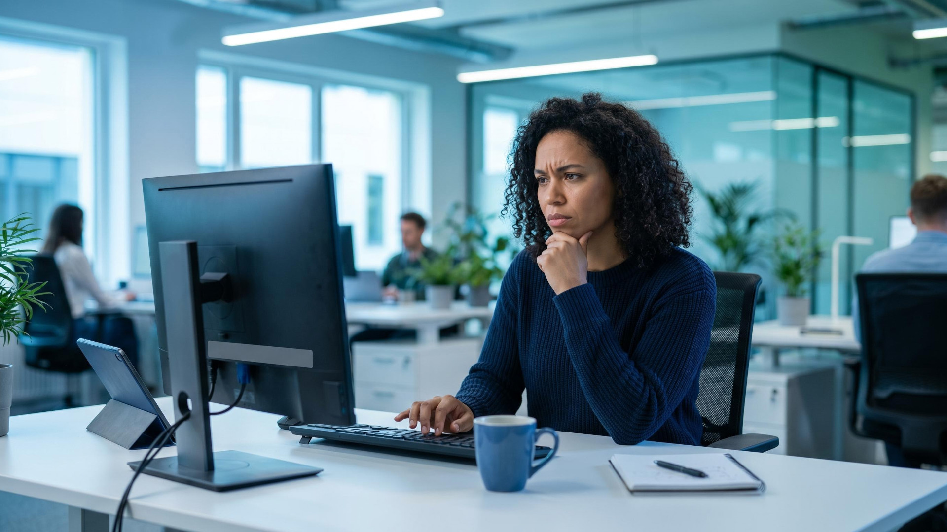 Eine Frau sitz im Büro vor einem Computer und schaut nachdenklich