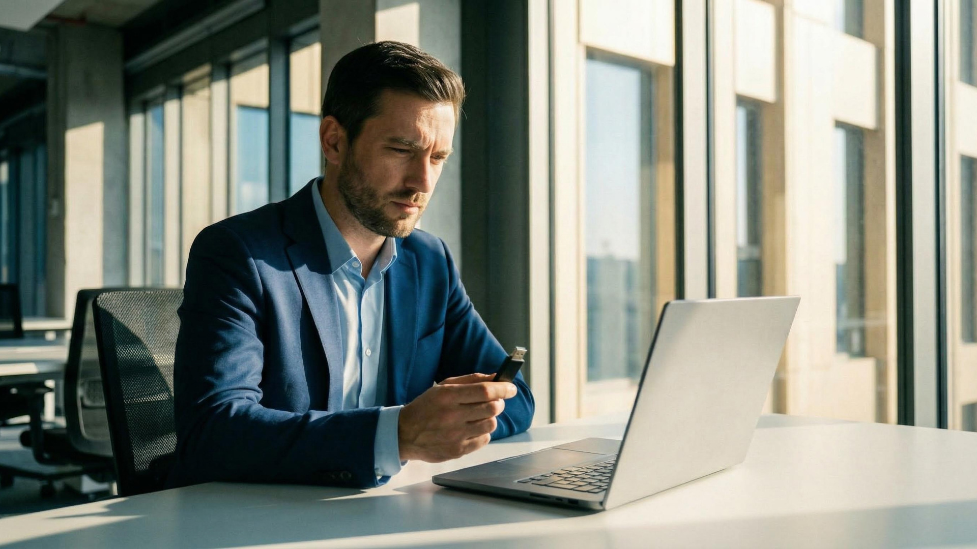 Ein Mitarbeiter sitzt im Büro vor seinem Laptop und schaut skeptisch auf einen unbekannten USB-Stick in seiner Hand.