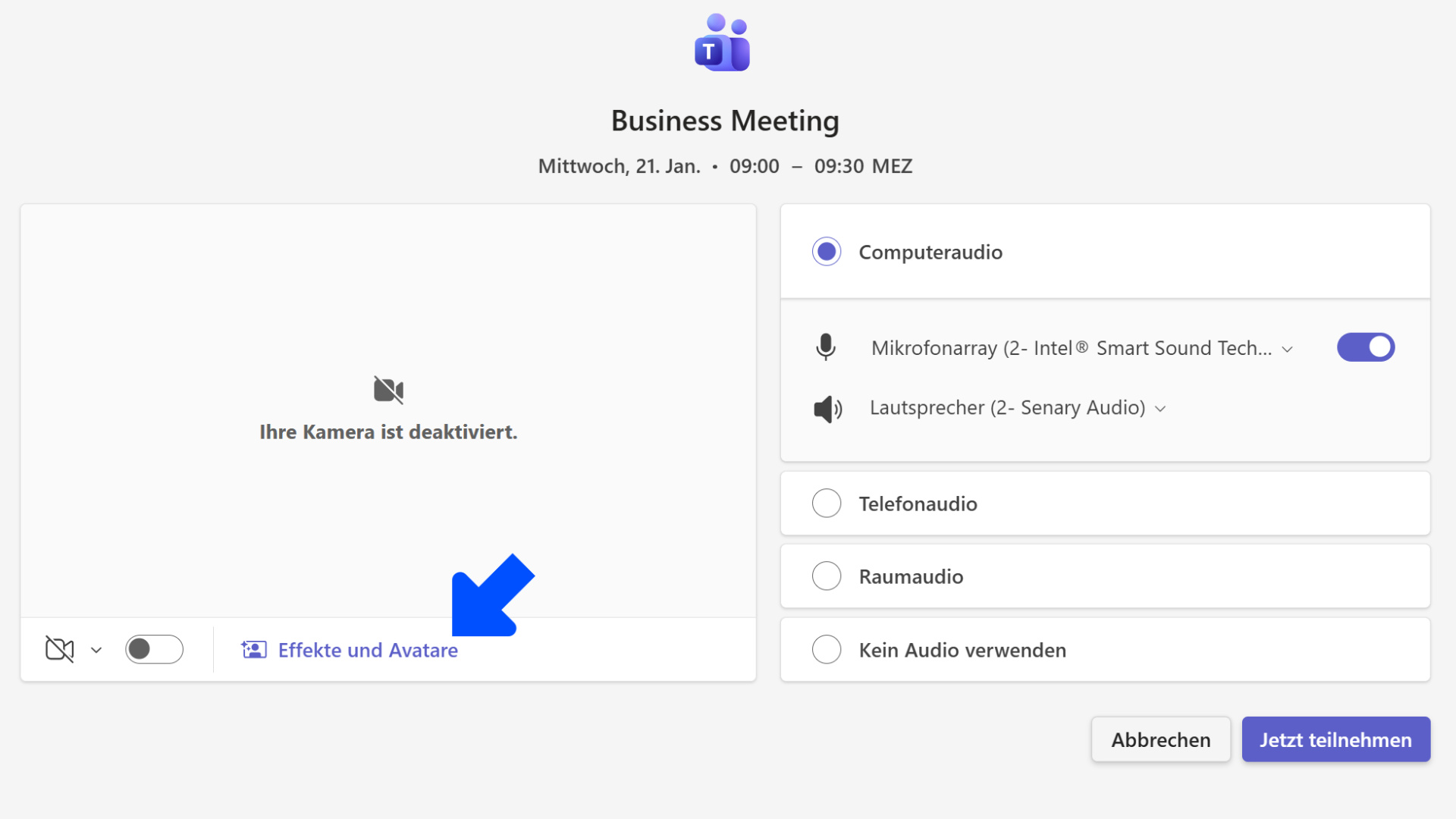Screenshot des Startbildschirms einer Besprechung in Microsoft Teams.