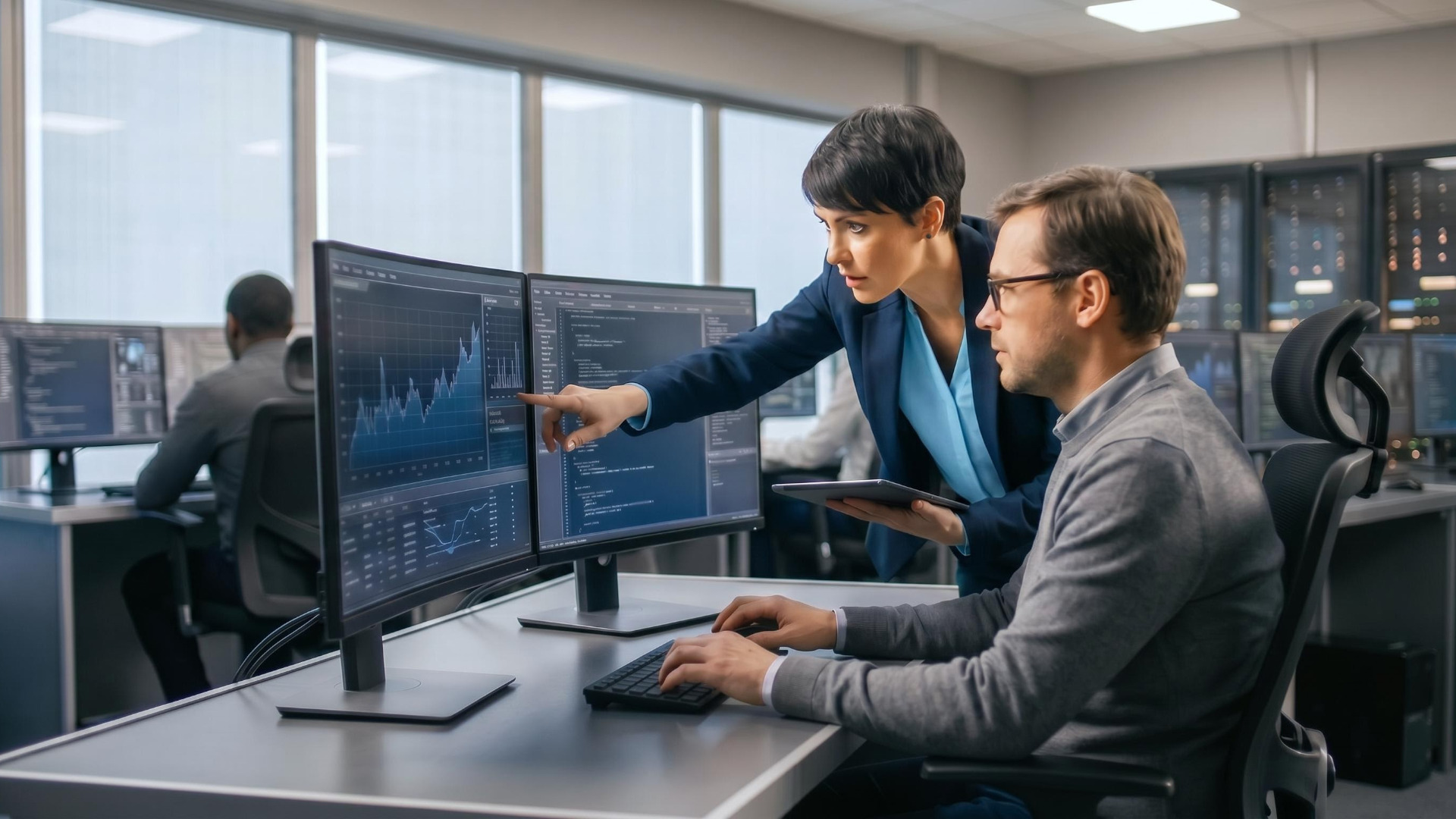 Zwei IT-Spezialisten analysieren Daten auf Bildschirmen in einem Serverraum.