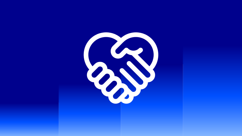 Weißes Symbol zweier Hände auf blauem Hintergrund