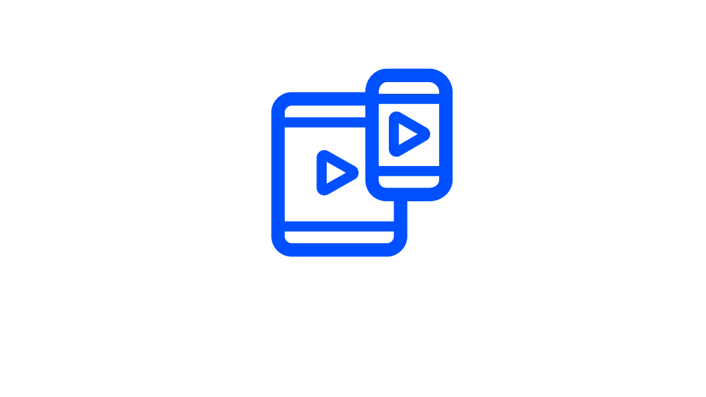 Blaues Symbol zweier überlappender Gerätebildschirme mit Play‑Symbol