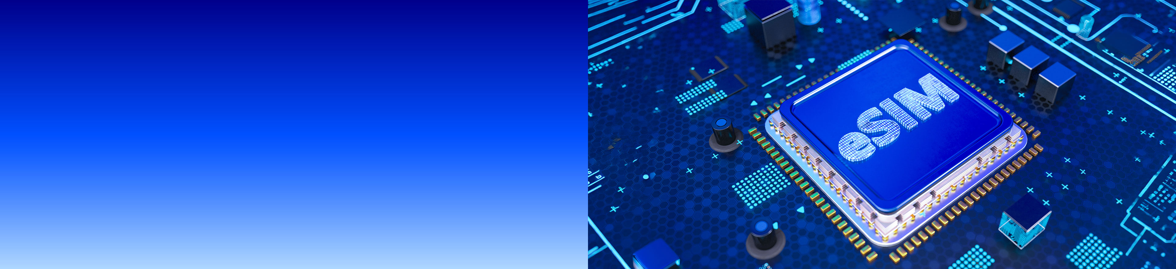 eSIM-Chip auf einer Platine – 3D-Darstellung eines eingebetteten eSIM-Moduls mit der Aufschrift „eSIM" auf blauer Leiterplatte mit elektronischen Bauteilen.