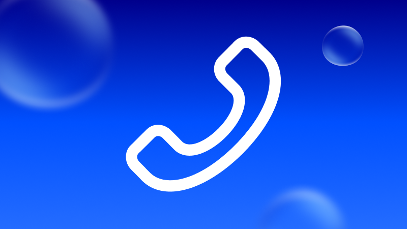Weißes Telefonsymbol auf blauem Hintergrund mit weichen Licht- und Blaseneffekten.