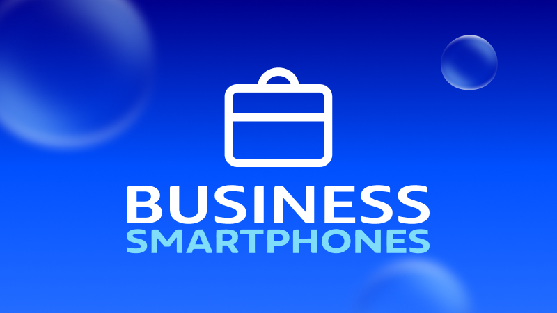 Koffersymbol über Schriftzug „Business Smartphones“ auf blauem Hintergrund.