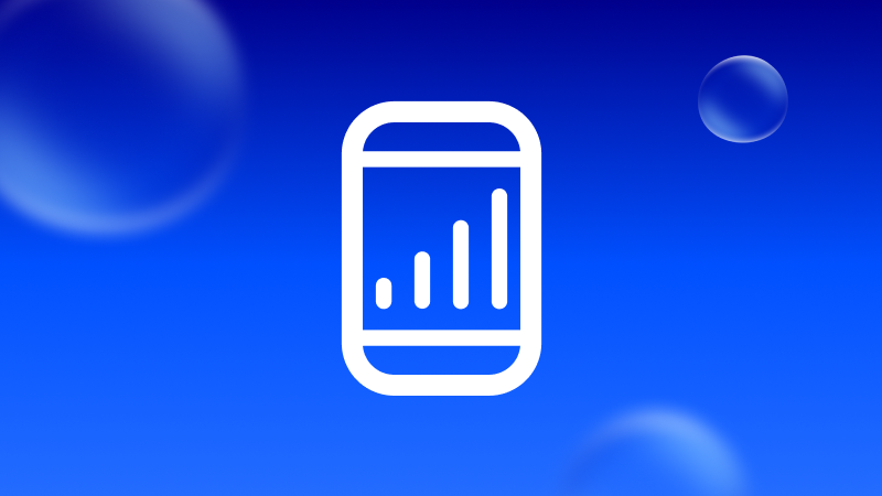 Icon Smartphone mit Empfangsbalken auf blauem Hintergrund mit Seifenblasen