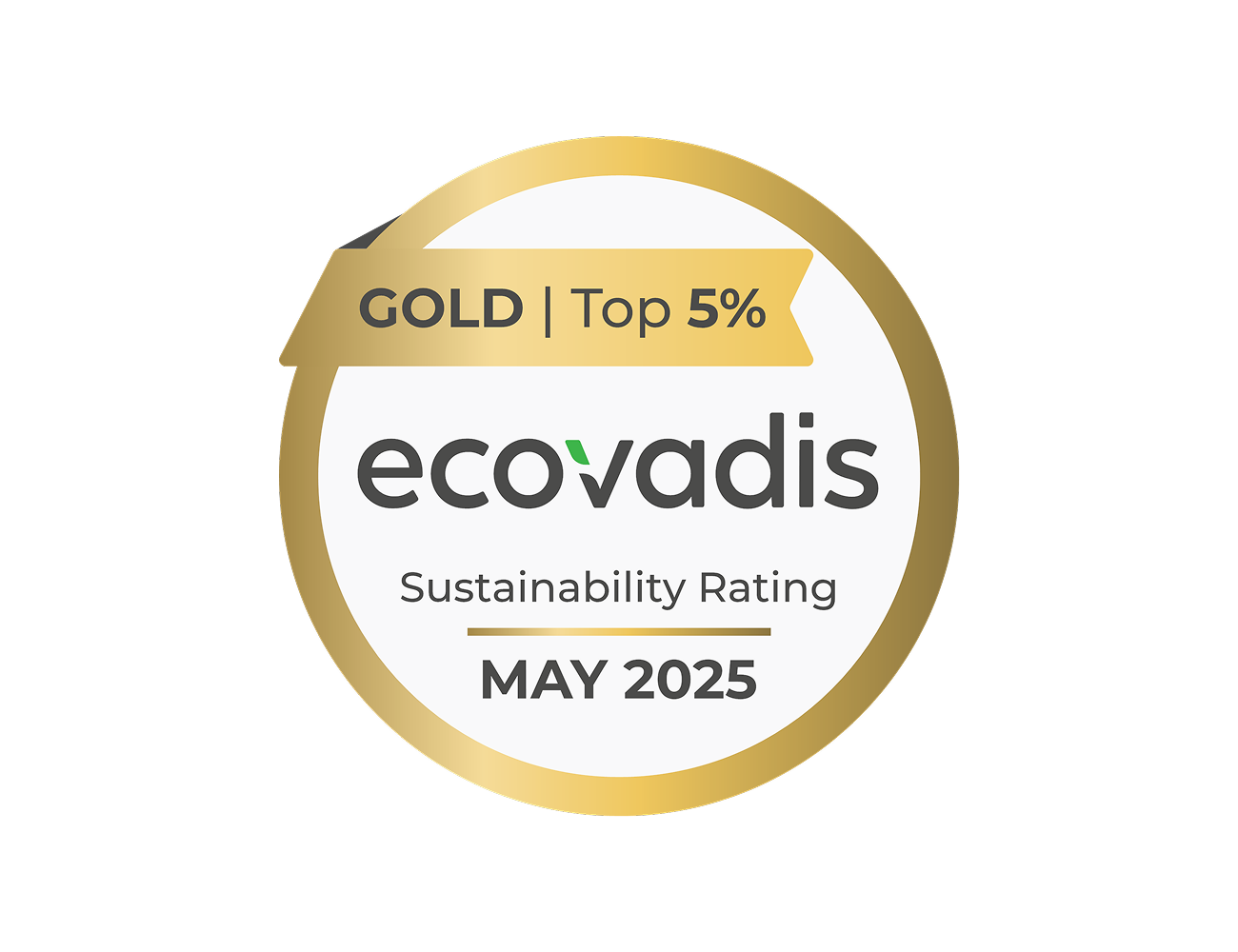 Abbildung: Goldfarbenes Medaillen-Emblem mit der Aufschrift „GOLD | Top 5%“. Darunter steht „ecovadis Sustainability Rating – May 2025
