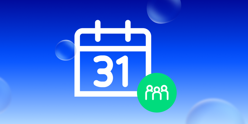 Kalender Icon und Icon 3 Menschen in grünem Kreis auf blauem Hintergrund