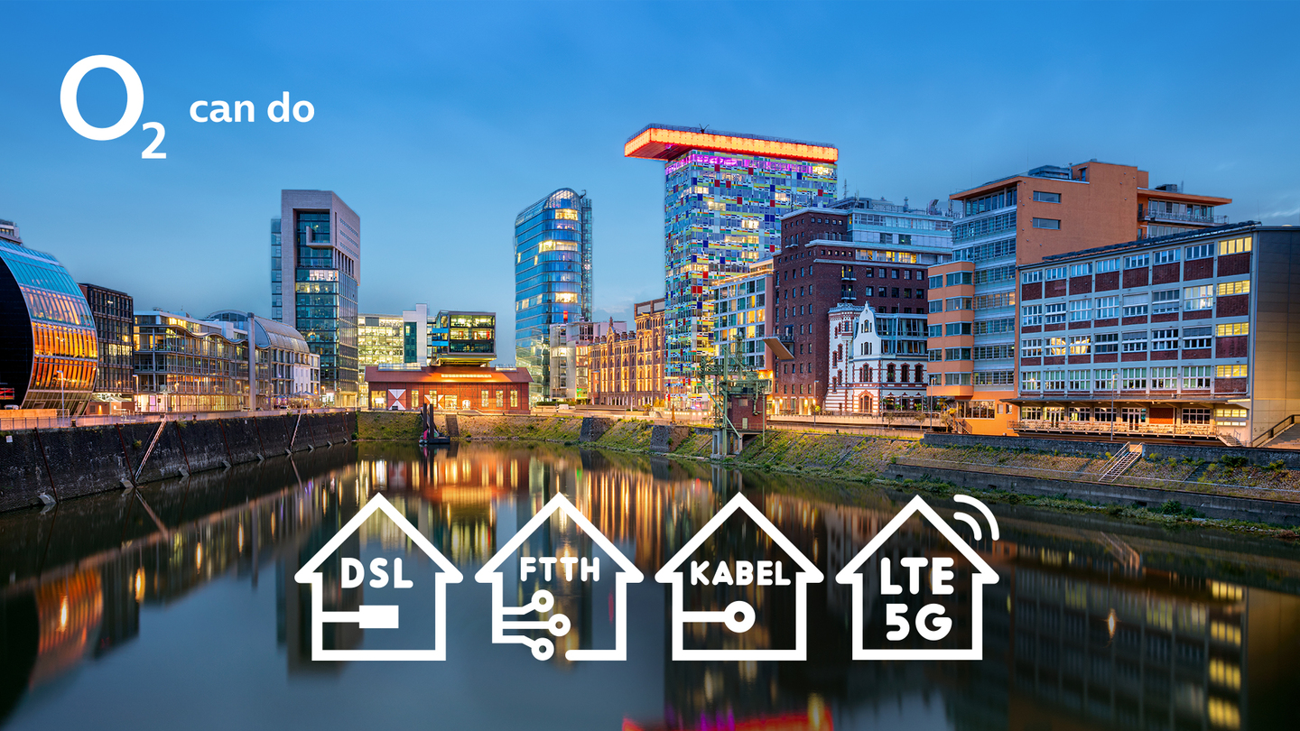 Fluss mit eine Großstadt und Icons mit Festnetz-Technologien